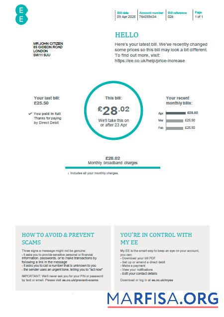 Realistic United Kingdom EE utility bill template in Word and PDF formats